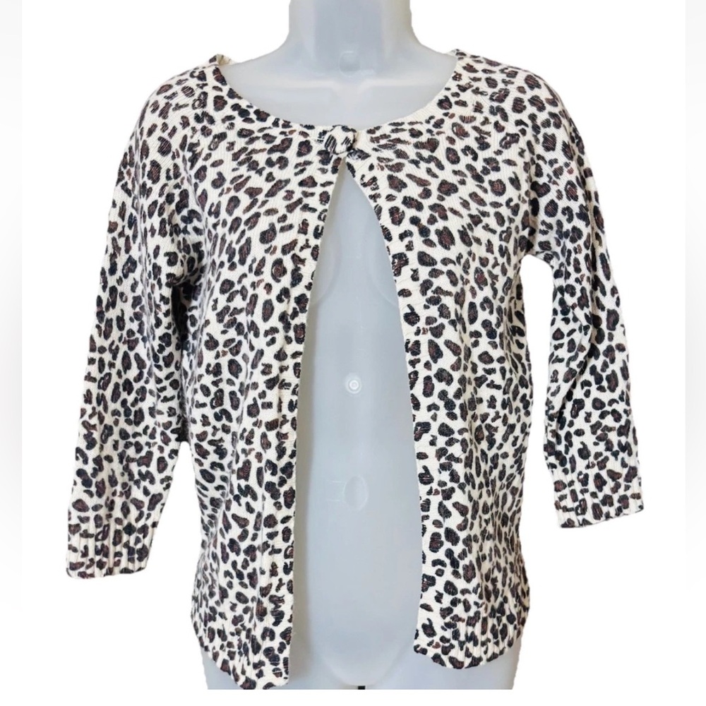 JW Women's S Lambswool Angora Knit Cardigan Sweater Leopard Print Classic Open